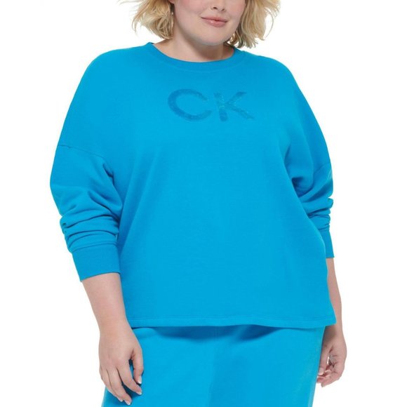 NWT Calvin Klein Size Logo Fleece Crewneck Sweatshirt PF2X2356 3X Atomic Blue - Picture 1 of 6